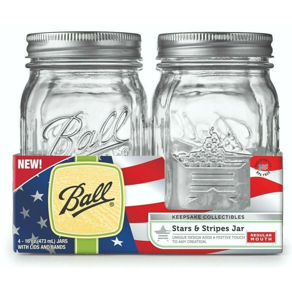 Ball Mason Jars Stars and Stripes Keepsake Glass Regular Mouth 16-oz 4pc Canning